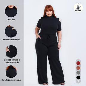 Conjunto Plus Size Calça Pantalona Wide Leg Malha Casual